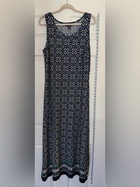 Women’s Black Patterned Maxi Dress with Blue, Green, and White Motif